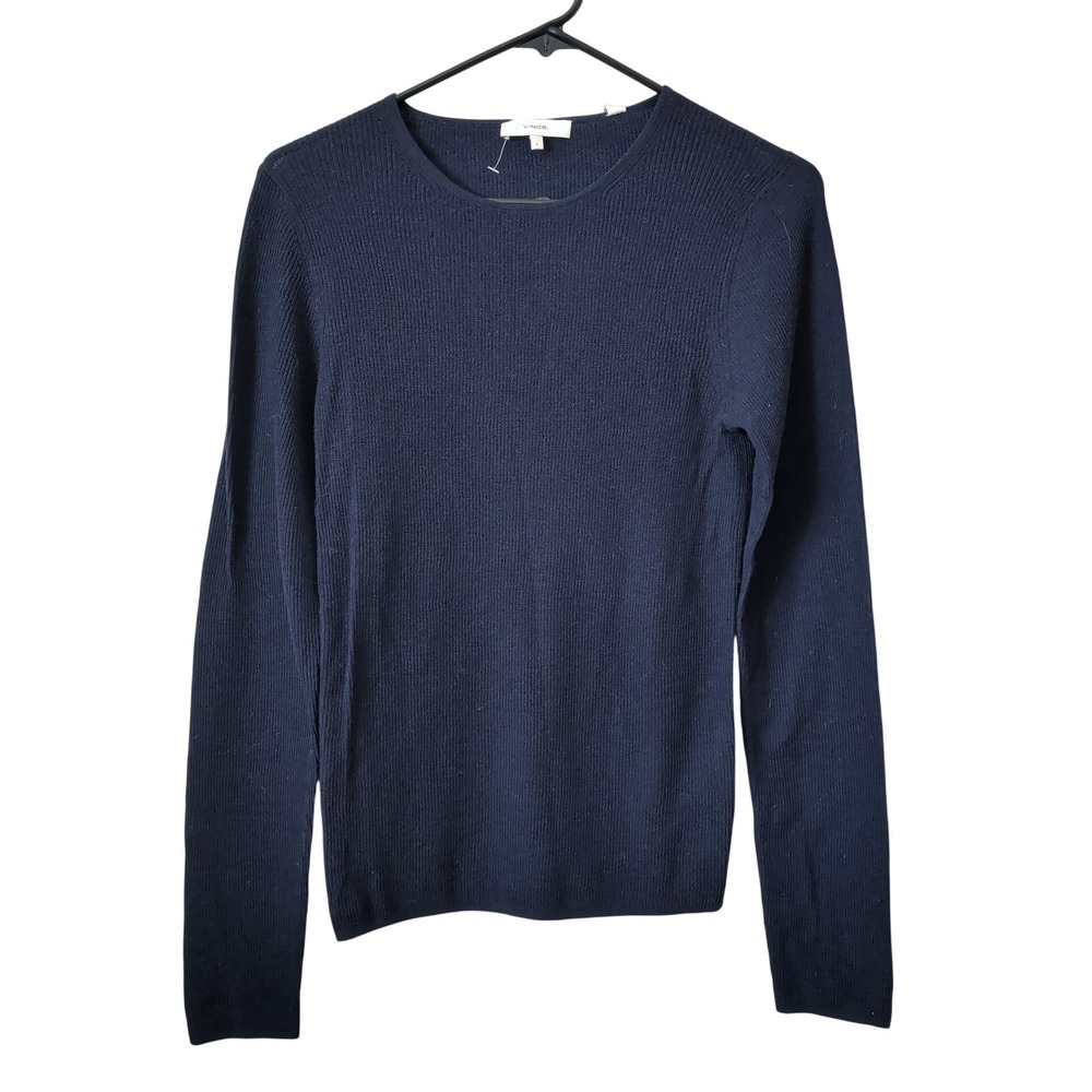 Vince Navy Blue Ribbed Long Sleeve Crew Neck Top Womens L NWT $225